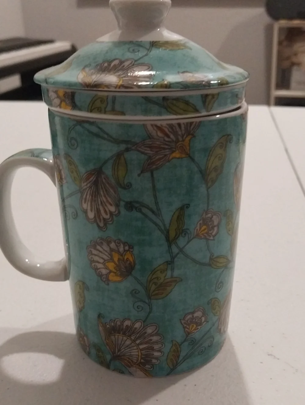 Cost Plus World Market Teal Floral Lidded Ceramic Mug